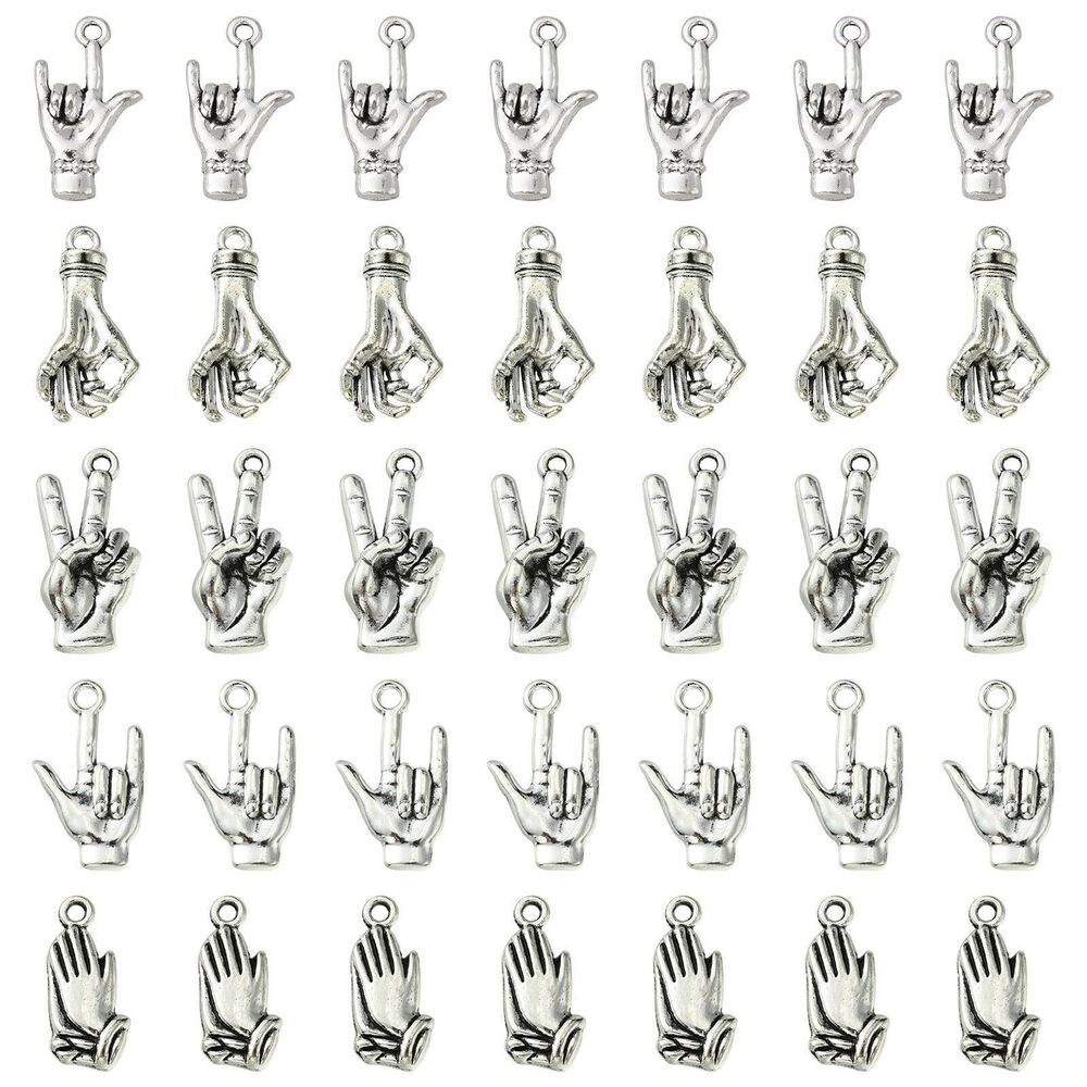 6469 Tibetan Hand Gesture Charms - 5 Styles Antique Silver Victory